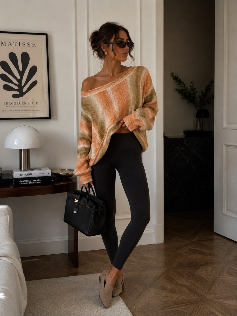 Urban Outfitters Striped Off-Shoulder Sweater in Peach, Cream & Olive